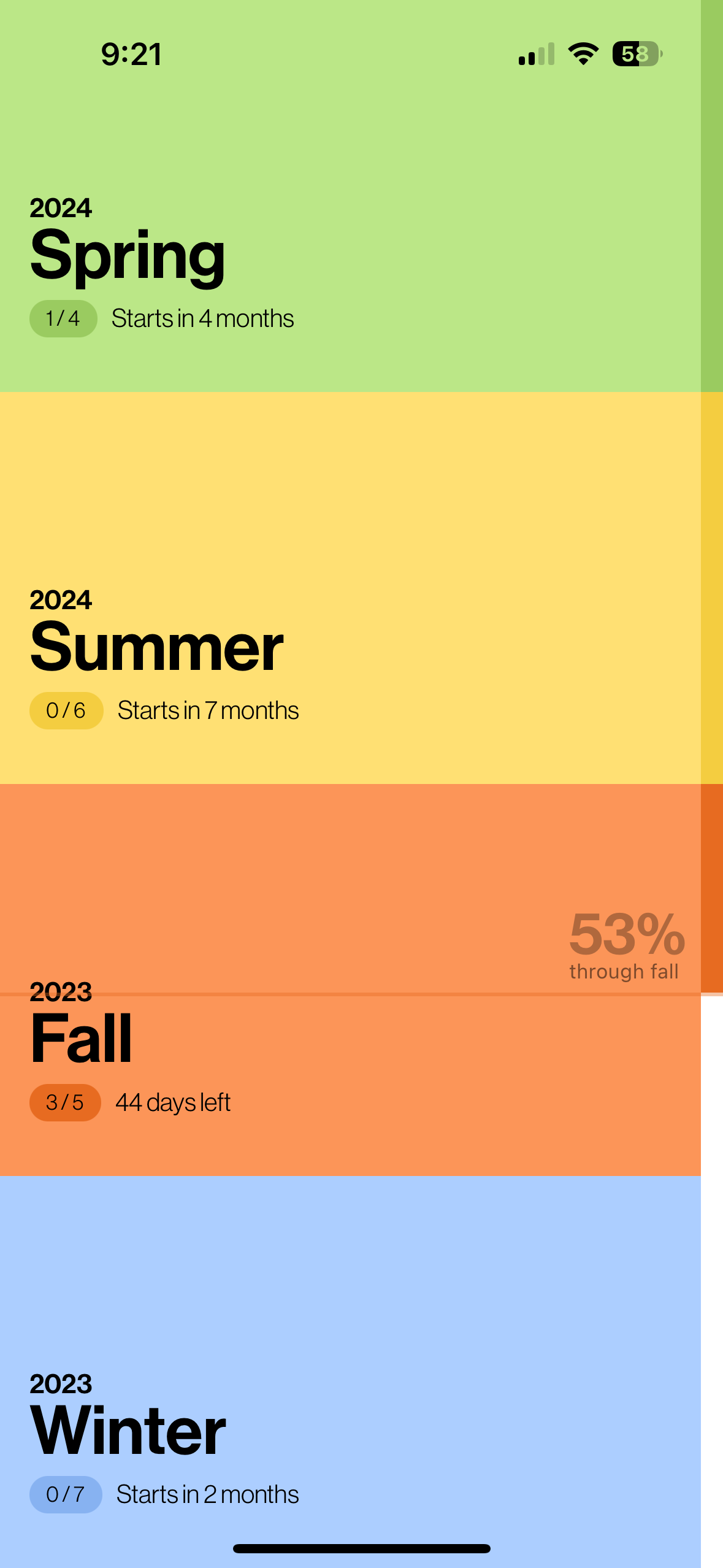 Seasons app showing spring, summer, fall, and winter bucket list progress